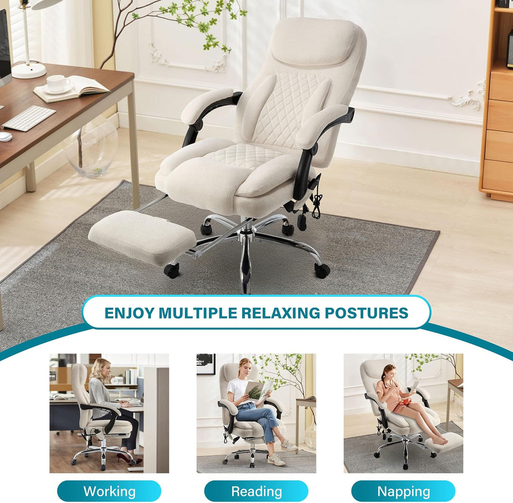 6-Point Massage Office Chair with Heated, Ergonomic Office Chair with Footrest & 45°Reclining High Back, Big and Tall Executive Office Chair 500LBS, Thick Cushion Desk Chair for Home Office, Beige