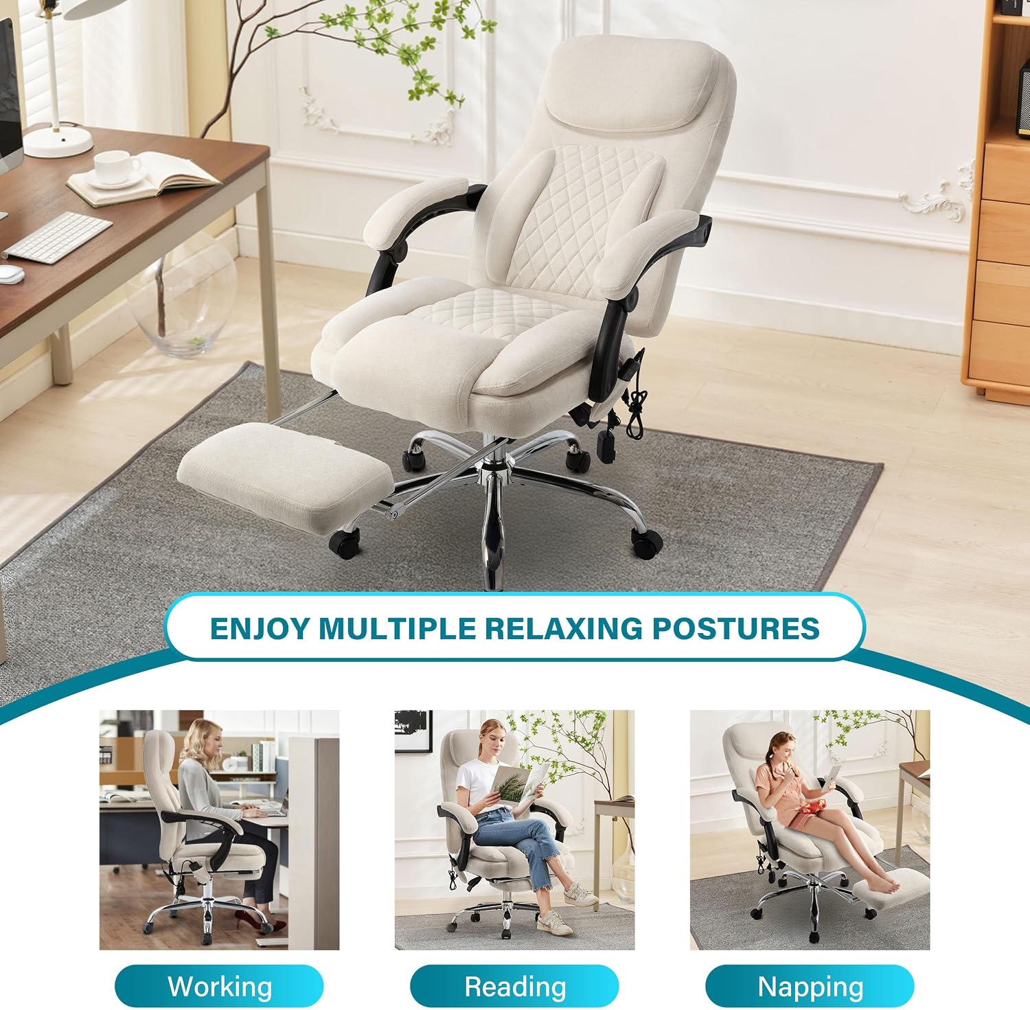 6-Point Massage Office Chair with Heated, Ergonomic Office Chair with Footrest & 45°Reclining High Back, Big and Tall Executive Office Chair 500LBS, Thick Cushion Desk Chair for Home Office, Beige
