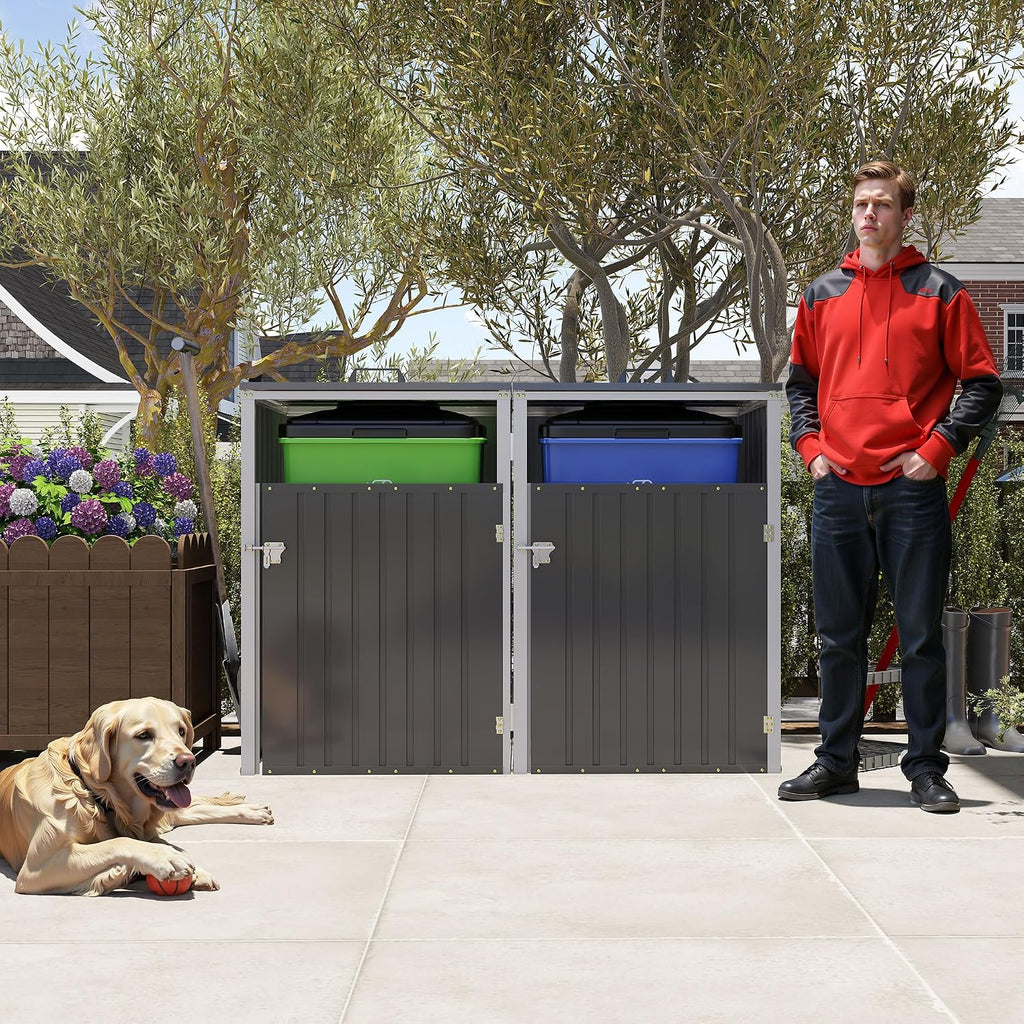 Outdoor Trash Can Storage, Garbage Bin Shed Stores 2 Trash Cans with Pneumatic Support Rod, 54 Cubic feet of Space, Metal Outdoor Storage Shed for Garbage Cans, Garden, Backyard, and Patio, Grey