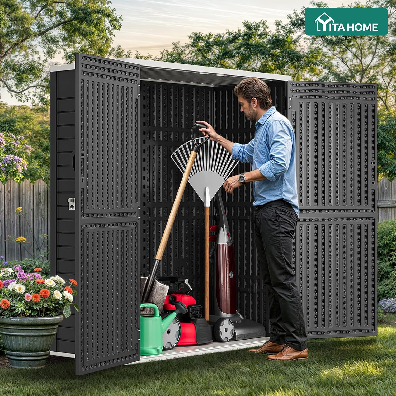 YITAHOME 59 cuft Outdoor Vertical Storage Shed, Tall Storage Shed Outdoor w/o Shelf, Outdoor Waterproof Storage Cabinet for Garage, Pool Storage, Garden Shed Outdoor Storage, Dark Gray