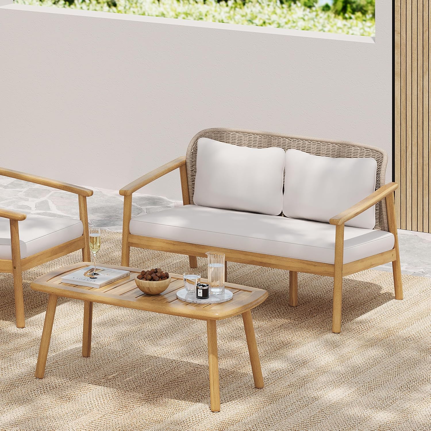 Merax 2 Piece Outdoor Conversation Set with Acacia Wood Coffee Table and Loveseat, Woven Rope Backrest Patio Seating Group, Patio Furniture Set for Porch, Garden, Backyard, Balcony, Light Teak Finish