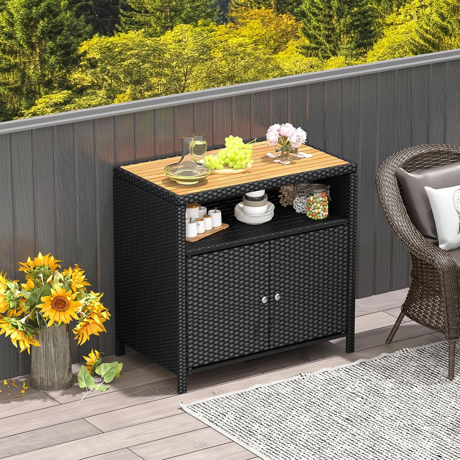 Tangkula Rattan Outdoor Storage Cabinet, Patiojoy Outdoor Cabinet with Acacia Wood Countertop, Open Compartment, 2-Door Wicker Sideboard, Outdoor Bar for Patio Garden Backyard Poolside (Black)