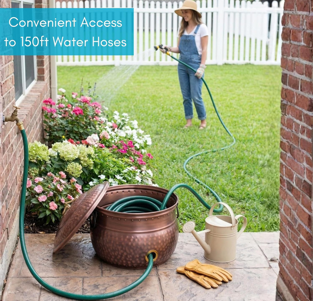 BIRDROCK HOME Water Hose Holder with Lid | Ground Garden Hose Pot | Decorative | Handle | Embossed | Steel Metal with Copper Accents | Outdoor or Indoor Use