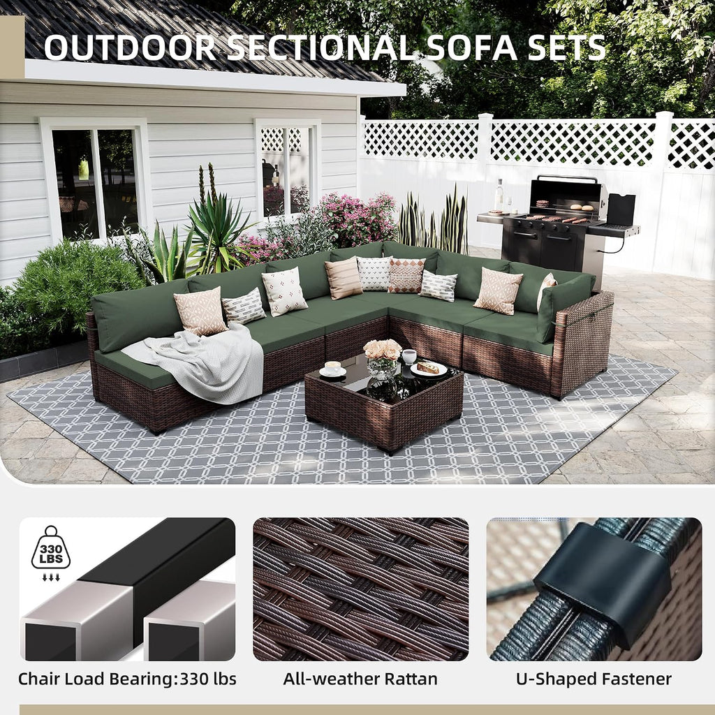 UPHA 7 Pieces Patio Furniture Sets, Wicker Outdoor Sectional Sofa Couch with Coffee Table, Patio Conversation Set for Deck Backyard Garden, Brown Rattan, Pine Green Cushion