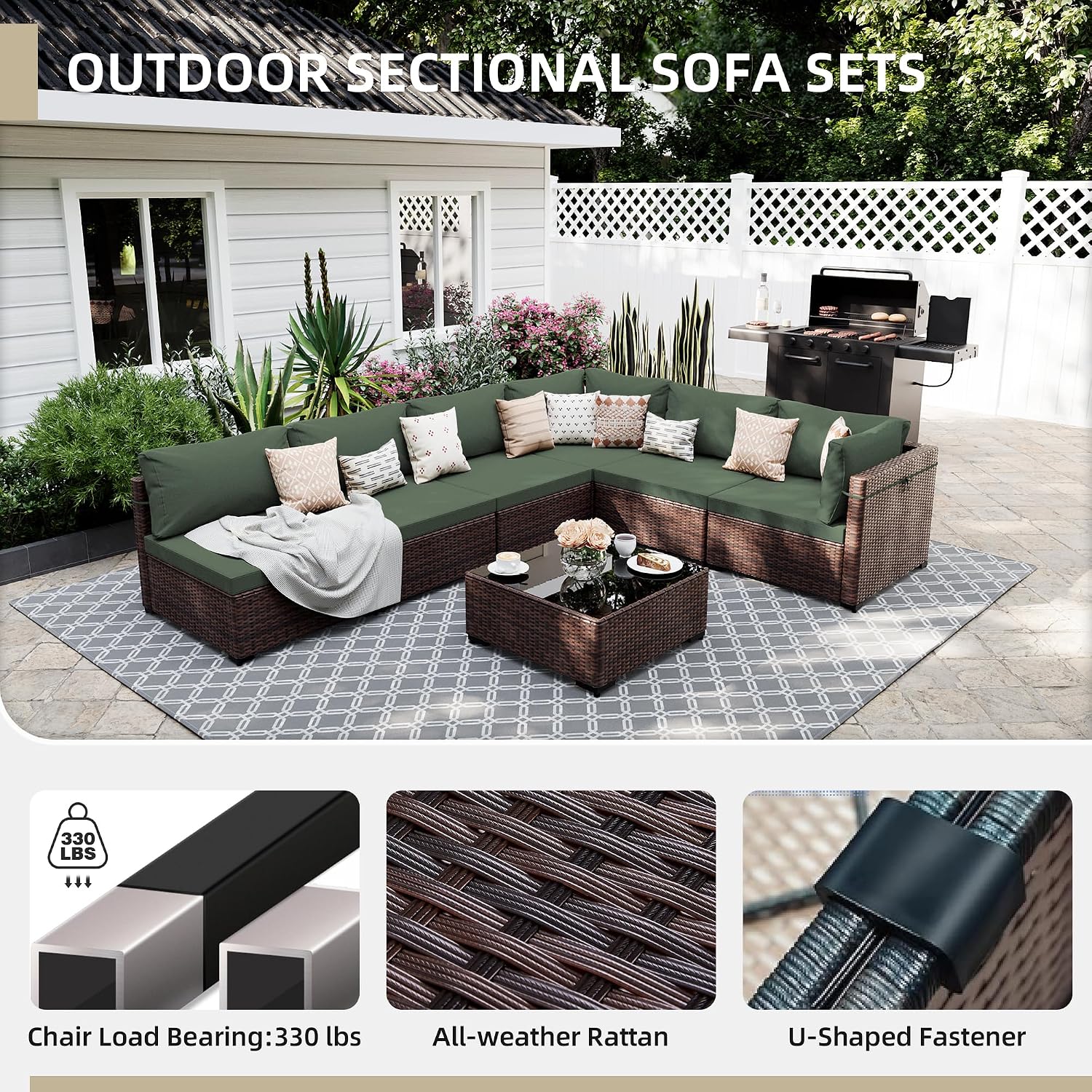 UPHA 7 Pieces Patio Furniture Sets, Wicker Outdoor Sectional Sofa Couch with Coffee Table, Patio Conversation Set for Deck Backyard Garden, Brown Rattan, Pine Green Cushion