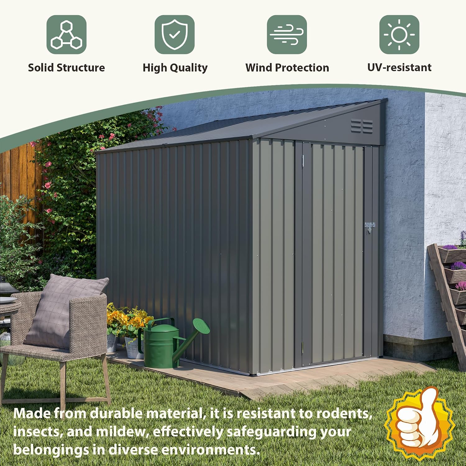 4 × 7 FT Lean to Storage Shed, Outdoor Metal Wall Side Bike Mower Sheds & Outdoor Storage Cabinet, Lockable Tool Organization Shed for Garden Patio