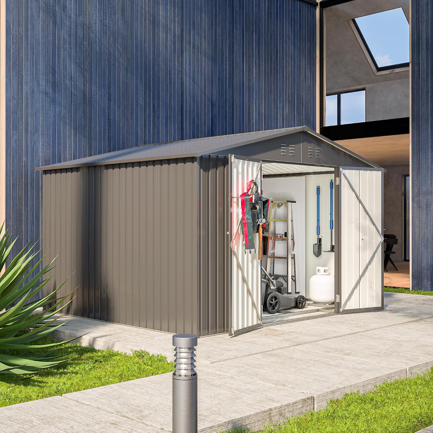 10x8 FT Outdoor Storage Shed with Lockable Double Doors, Aluminum Frame, Weatherproof with Frame Floor, Metal Tool Shed for Garden, Backyard, Patio, and Equipment Storage