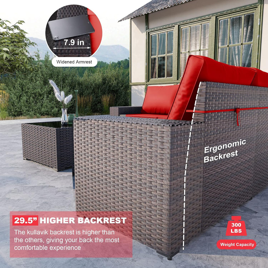 Kullavik Outdoor Patio Furniture Set 6 Pieces Sectional Rattan Sofa Set Brown PE Rattan Wicker Patio Conversation Set with 5 Seat Cushions and 1 Tempered Glass Table, Red