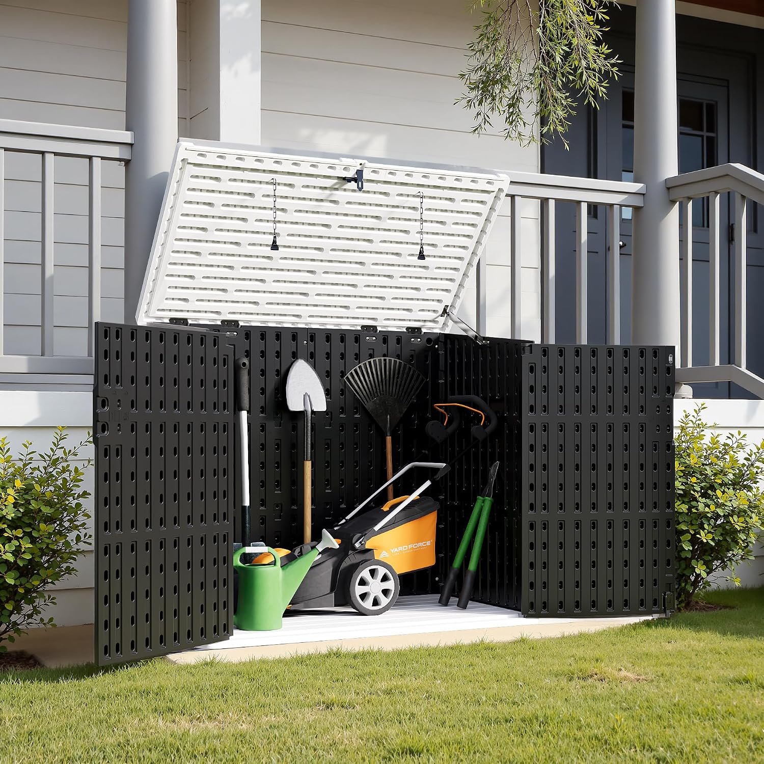 Greesum Outdoor Trash Can Storage Shed, 34 Cu.ft Horizontal Outdoor Storage Cabinet, Waterproof for Garden, Pool Storage, Garbage Cans, Black
