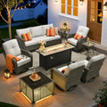 ovios 9 Pieces Patio Furniture Set, Outdoor Wicker Sofa Couch with Rocking Swivel Chairs Fire Pit Table, Modern Deep Seat Rattan Conversation Sets for Deck Porch, Grey