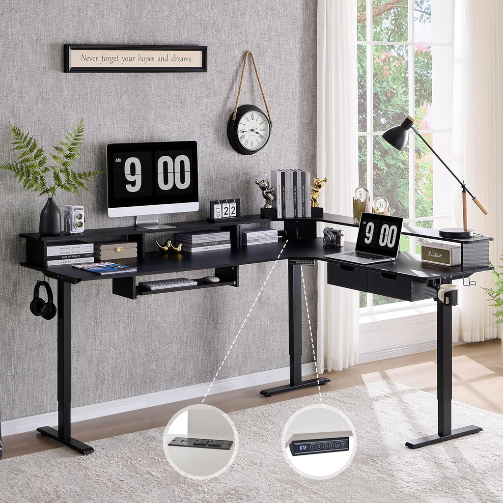 RedLemon 75X60 Inches L Shaped Electric Standing Desk, Height Adjustable Corner Gaming Desk with Drawers, Power Outlets & LED Lights, Computer Desk with Monitor Shelf, Carbon Fiber Black