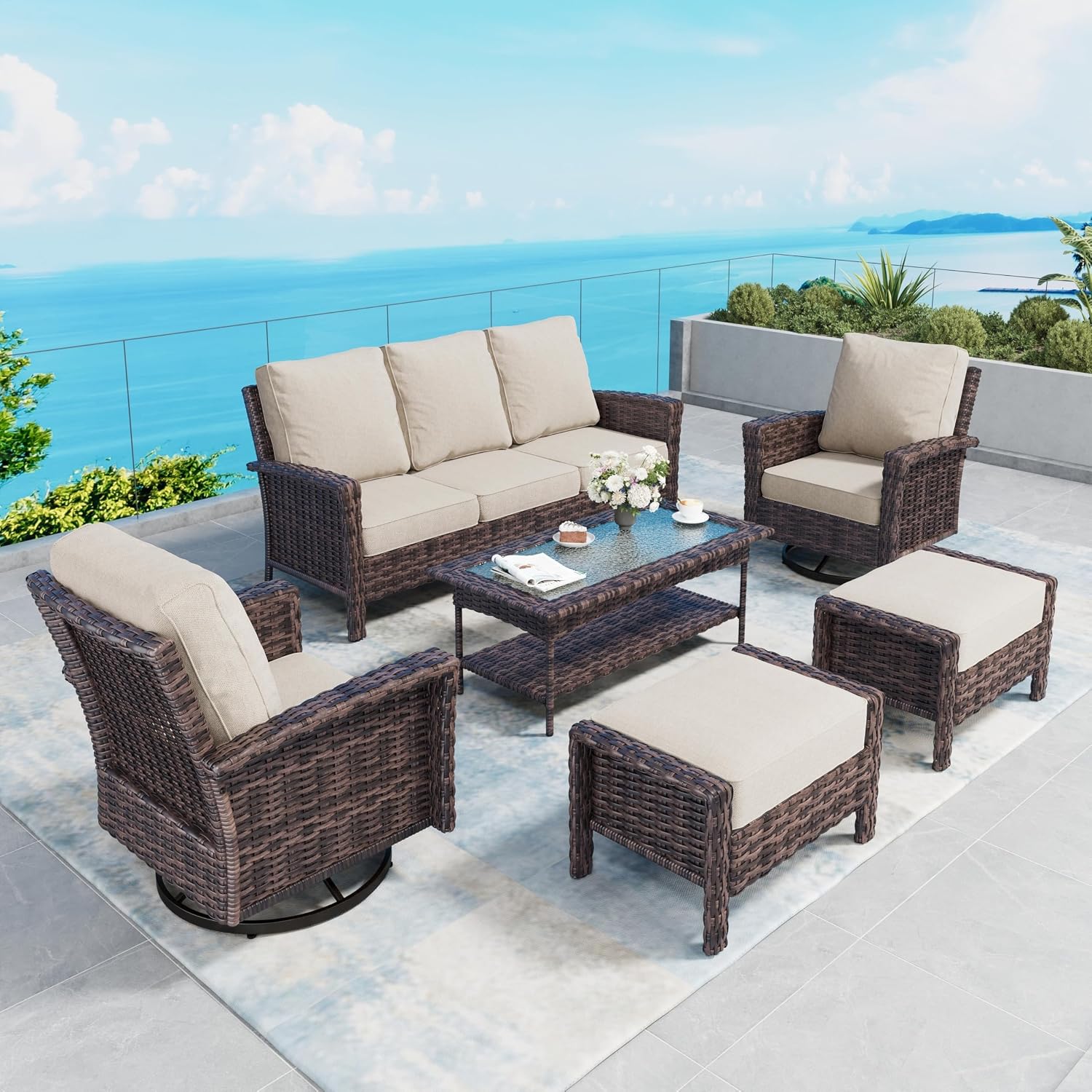 SUNSHINE VALLEY 6 Piece Patio Furniture Set with Swivel Chairs, High Back Wicker Rattan Sofa with Extra Thick Cushion, Coffee Table and Ottoman, Outdoor Conversation Set for Backyard Deck,Beige