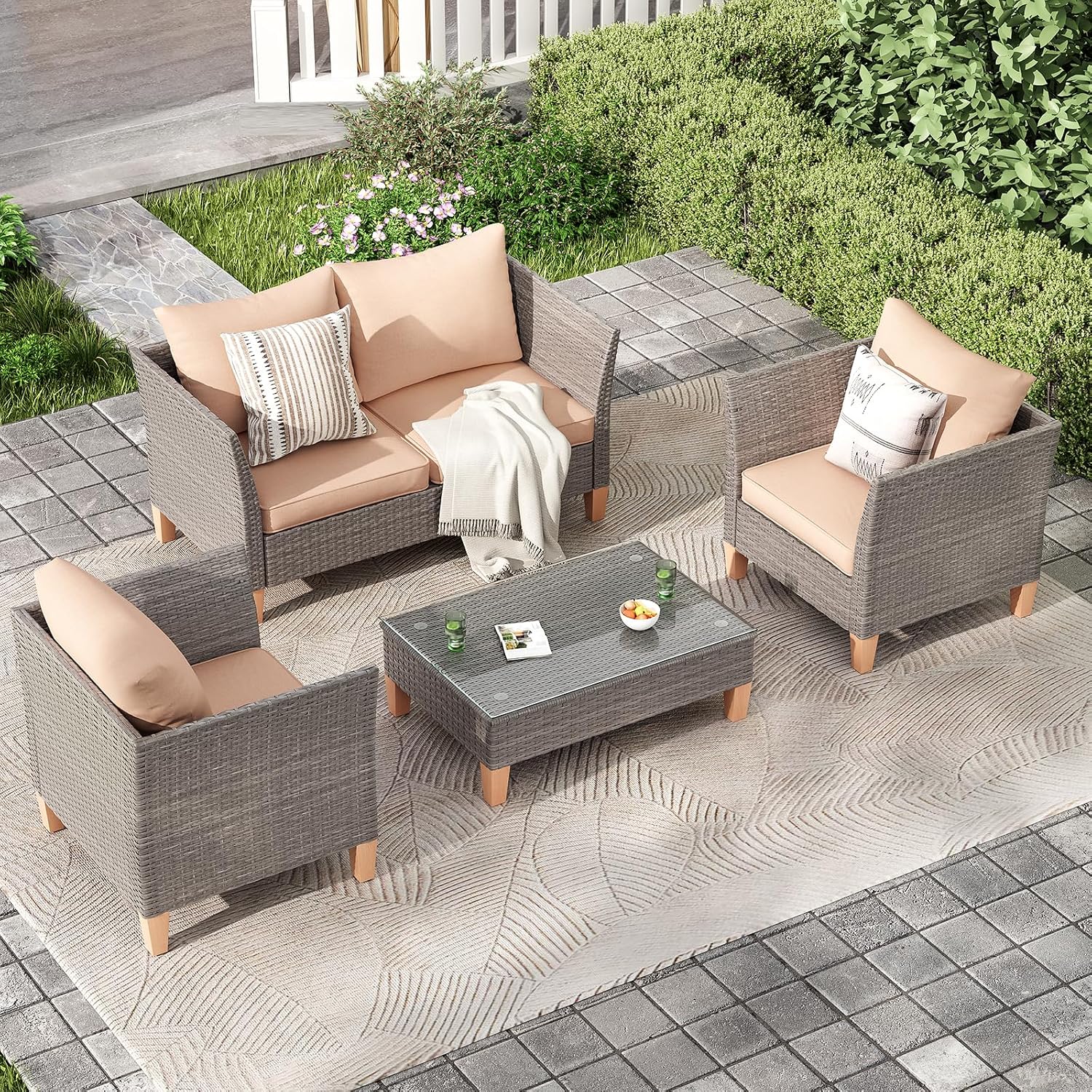 Soohow 5-Piece Patio Furniture Set, Thickened Rattan Sectional Outdoor Sofa with Glass Top Table, Reclined Backrest and Khaki Cushions