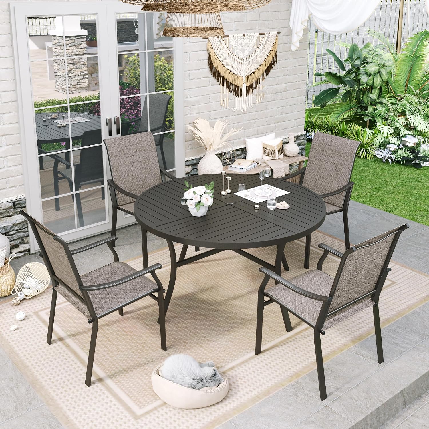 Sophia & William Outdoor Dining Set 5 Pieces, 4 Comfortable Textilene Chairs and 42' Round Patio Dining Table, Durable All-Weather Patio Furniture for Lawn, Park, and Courtyard Support 350lbs