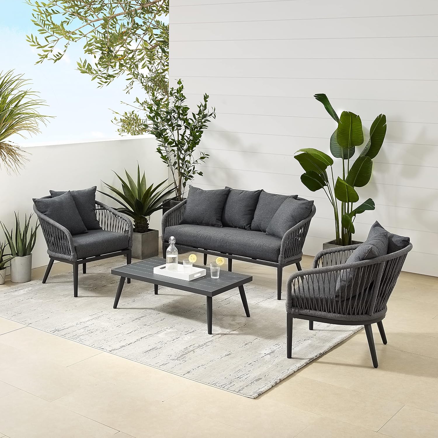 Crosley Furniture Dover 4-Piece Outdoor Loveseat Patio Furniture Set, Conversation Sets for Porch, Deck, Matte Black with Charcoal Cushions