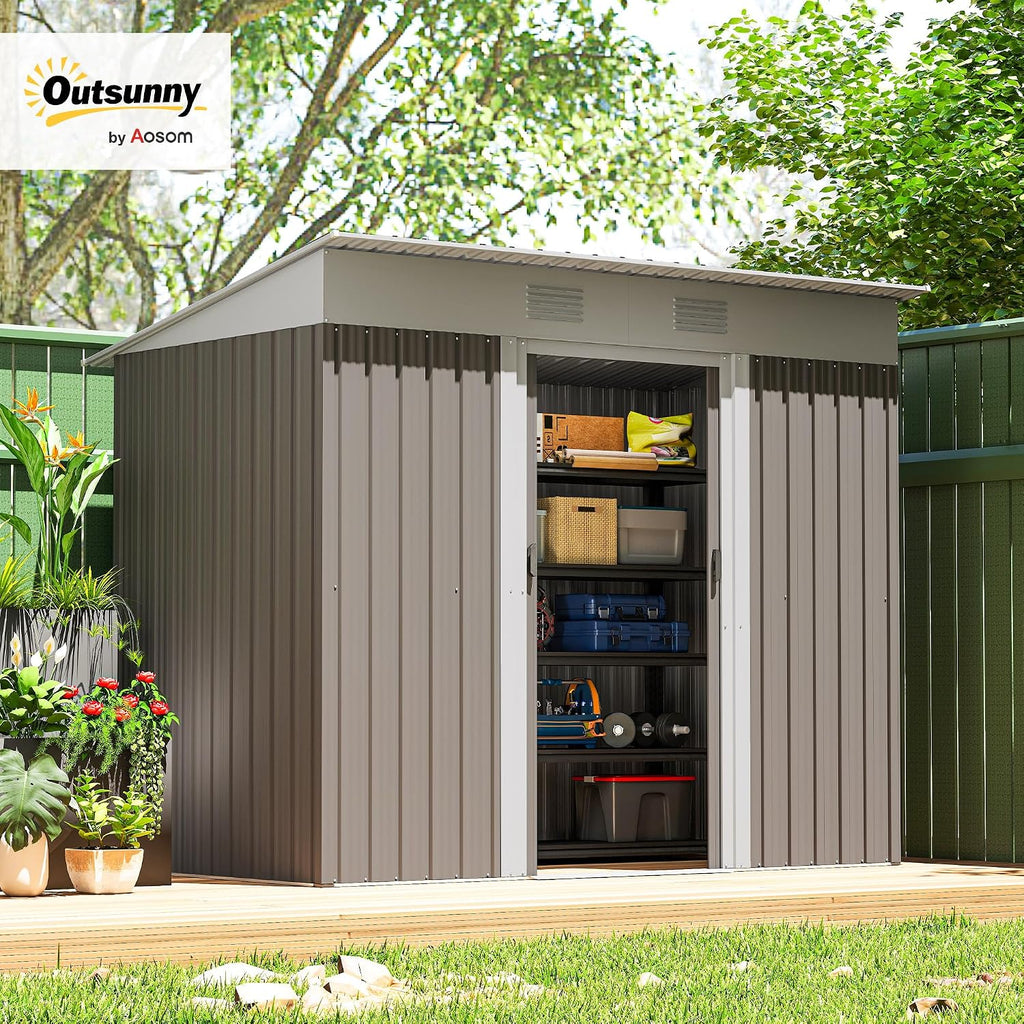Outsunny 7' x 4' Metal Lean to Garden Shed, Outdoor Storage Shed, Garden Tool House with Double Sliding Doors, 2 Air Vents for Backyard, Patio, Lawn, Light Gray