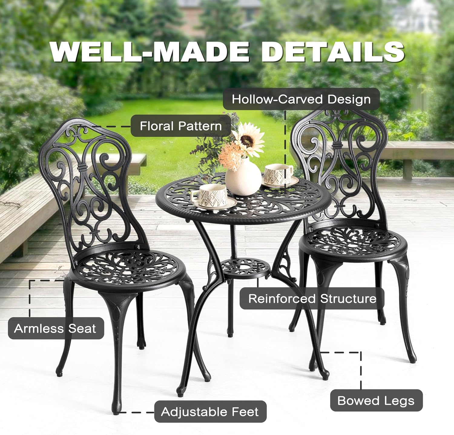 NUU GARDEN 3-Piece Outdoor Bistro Set with 2 Chairs and Round Table with Umbrella Hole, All-Weather Patio Set for Garden, Porch, Lawn, Poolside, Black