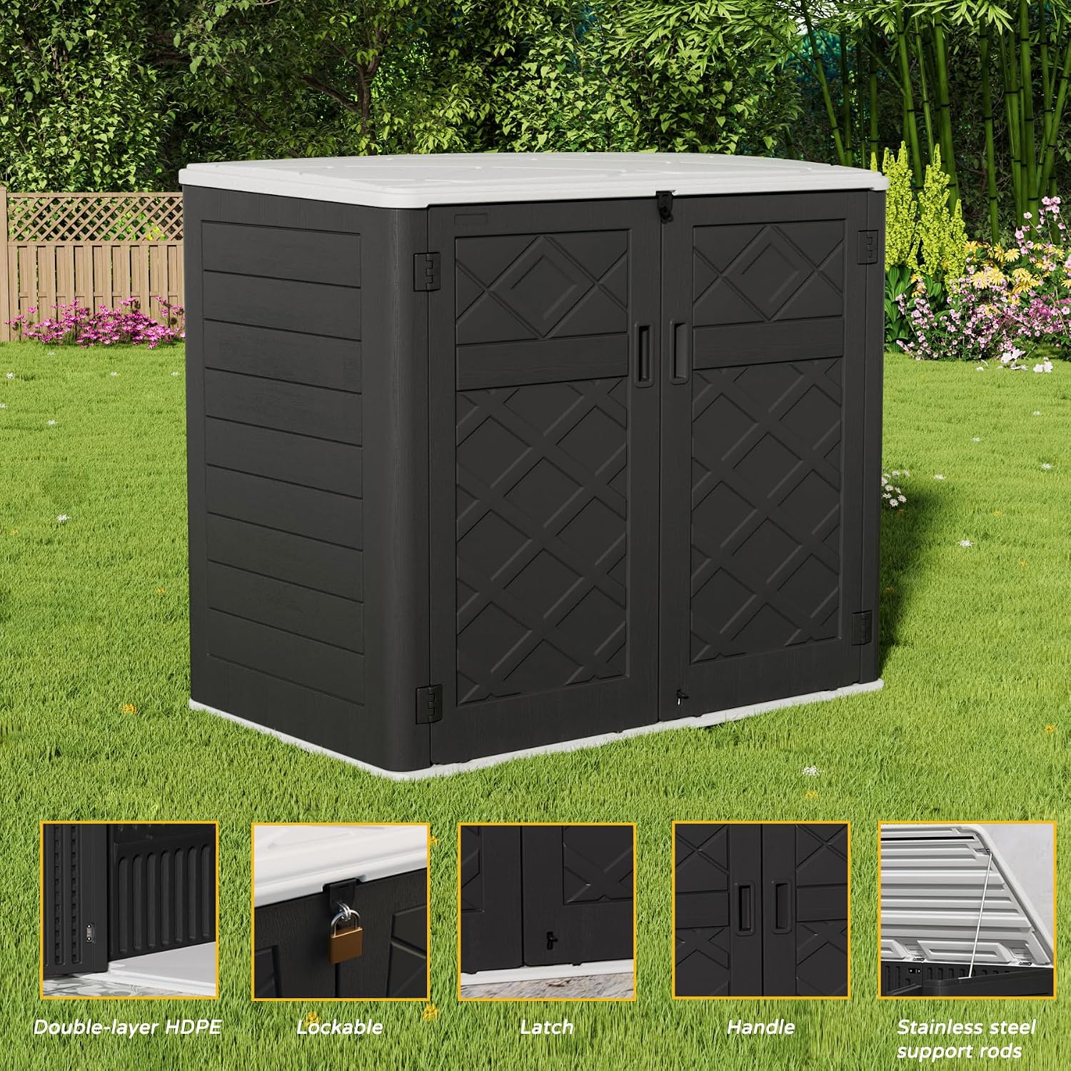 Mrosaa Resin Outdoor Storage Shed, 38 cu.ft Outdoor Storage Box Waterproof for Garden Tools, Patio Furniture, Trash Cans, Garage Storage, Lockable (Black)