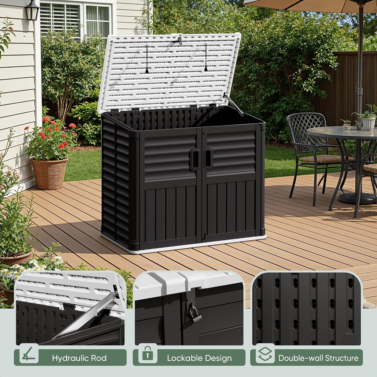 Devoko Outdoor Storage Shed, 34 Cu Ft Outdoor Storage Cabinet Without Shelf, Waterproof, Double Locks, Resin Storage for Trash Can, Garden Tools, Pool Supplies, Black