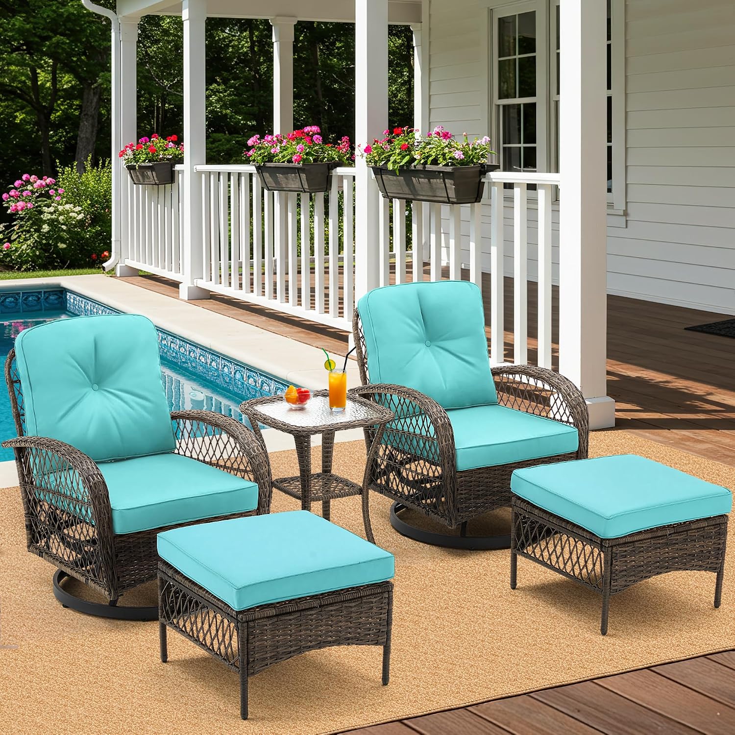 MELLCOM 5 Pieces Patio Furniture Set, Outdoor Swivel Rocker Patio Chairs with Ottomans, Wicker Conversation Set with Rocking Chairs, Glass Coffee Table for Backyard, Peacock Blue