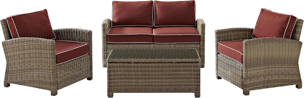 Crosley Furniture Bradenton 4-Piece Outdoor Loveseat Patio Furniture Set, Wicker Conversation Sets for Porch, Brown with Sangria Cushions