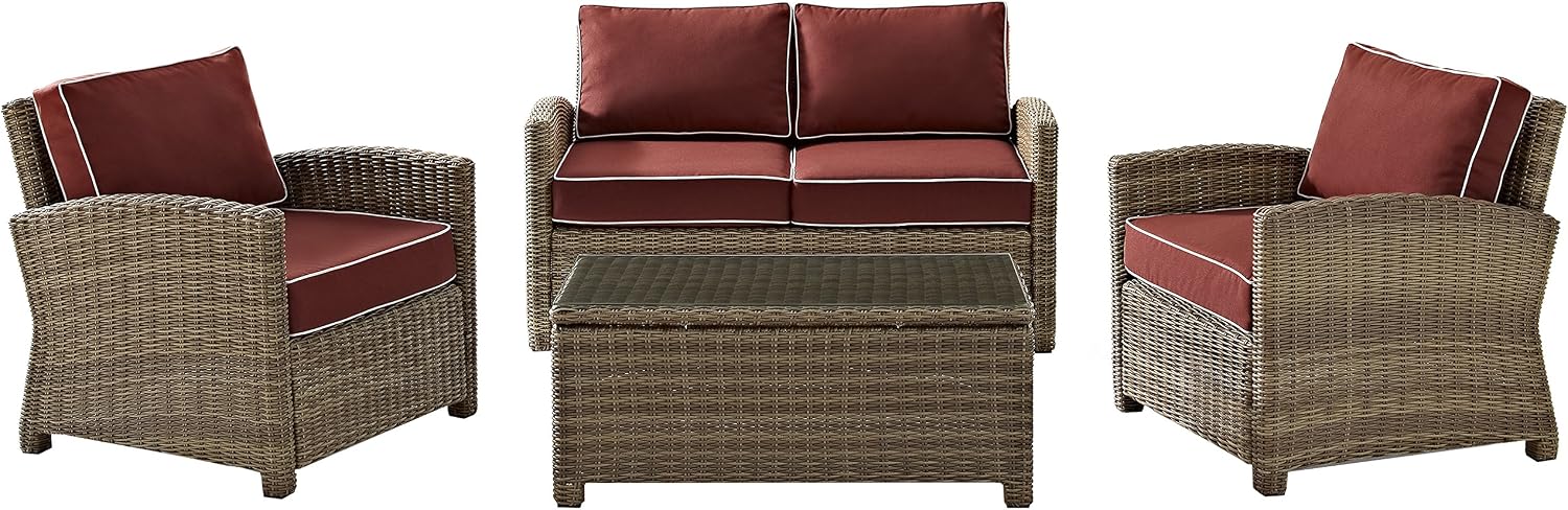 Crosley Furniture Bradenton 4-Piece Outdoor Loveseat Patio Furniture Set, Wicker Conversation Sets for Porch, Brown with Sangria Cushions