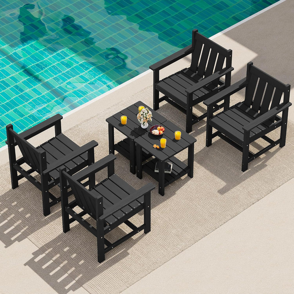 SEWRWALL Patio Furniture Set, HDPE Material All Weather Use Adirondack Chair Set with Side Table for Balcony, Porch, Garden, Backyard- Black