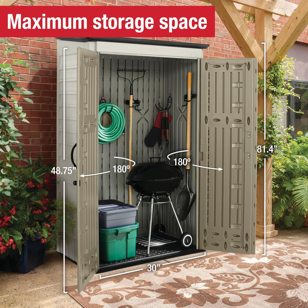 Rubbermaid Vertical Resin Outdoor Storage Shed With Floor (4 x 2.5 Ft) Weather Resistant Beige/Brown Organization for Home/Backyard/Pool Chemicals/Toys/Garden Tools/Porch/Patio Cushions