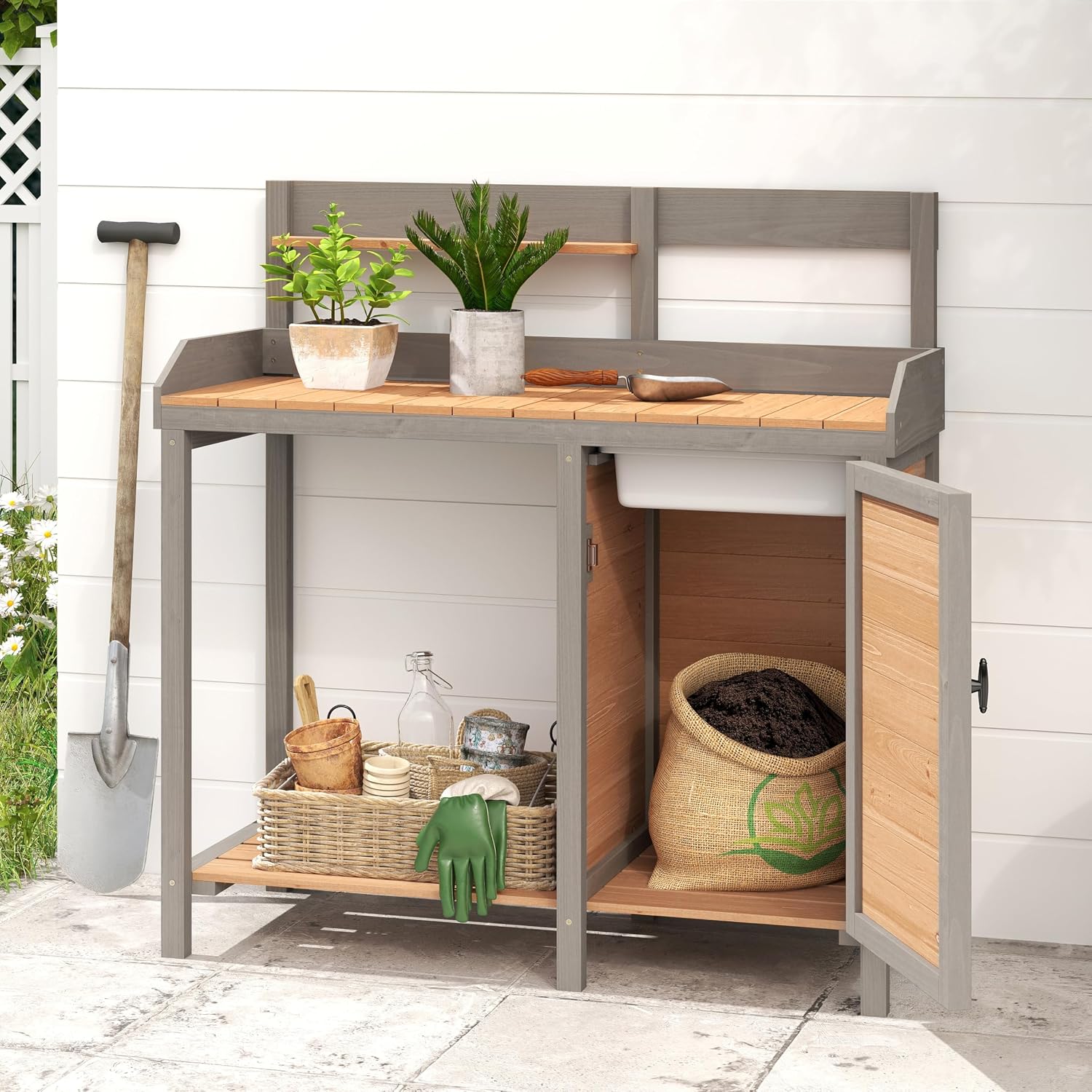 Wooden Potting Bench Table with Sink,Outdoor Garden Table Work Bench with Storage, Workstation for Outside Lawn Patio