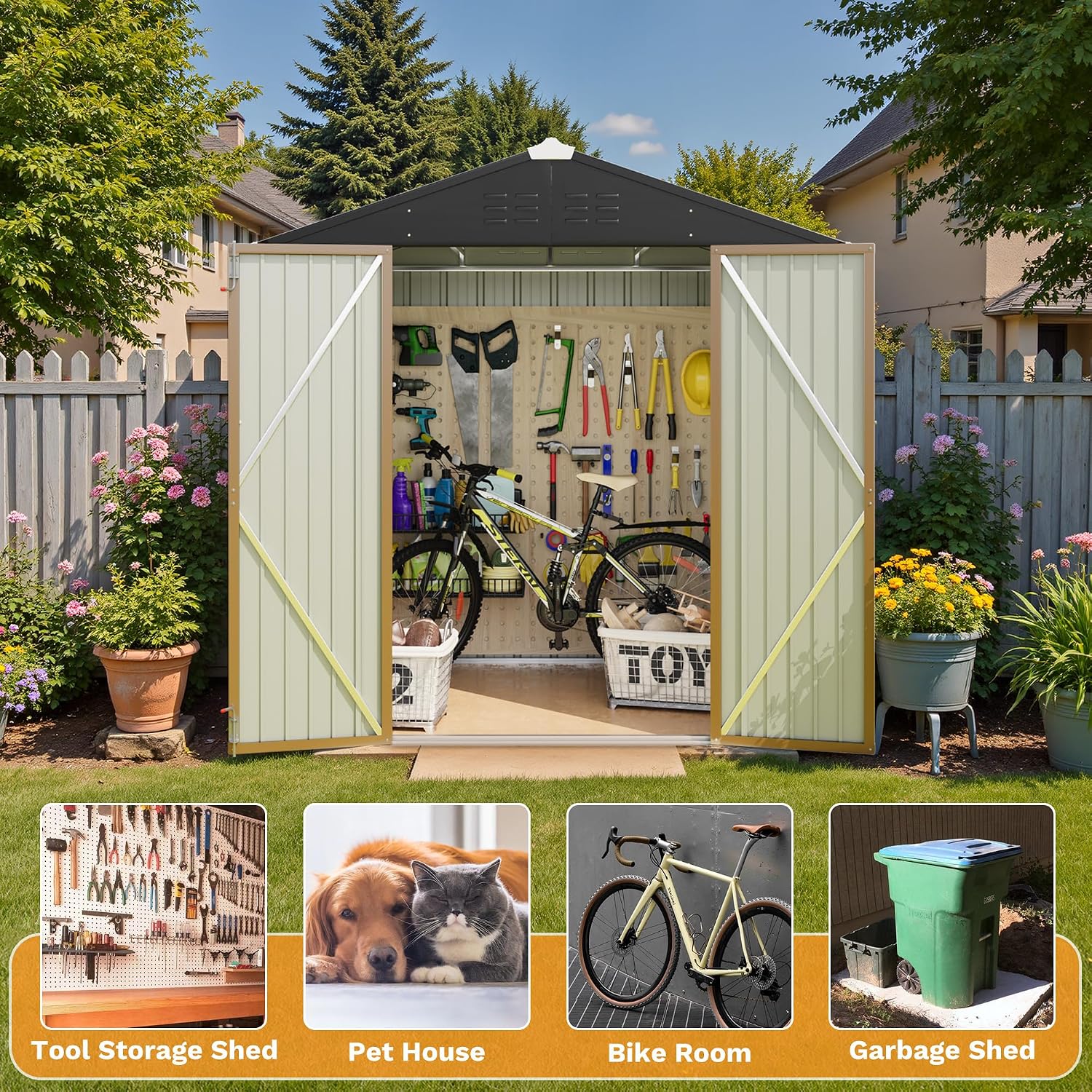 Greesum 6x4FT Outdoor Storage Shed, Utility Tool Shed Metal Storage Garden Shed with Door & Lock for Patio Storage, Brown