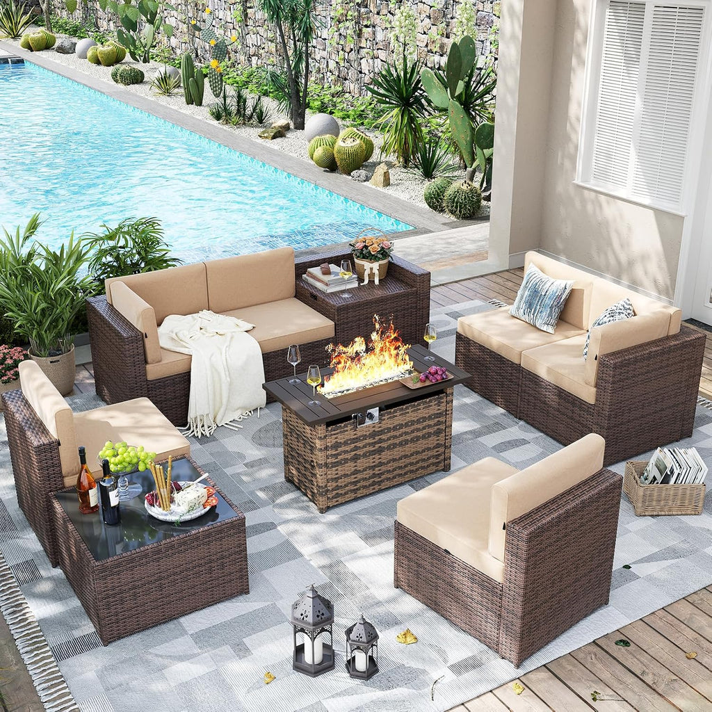 Aoxun 9 Piece Patio Furniture Set with 44' Fire Pit Table, Wicker Outdoor Furniture Set with Storage Box, Patio Sectional Set with Cushions and Waterproof Cover (Brown & Khaki)