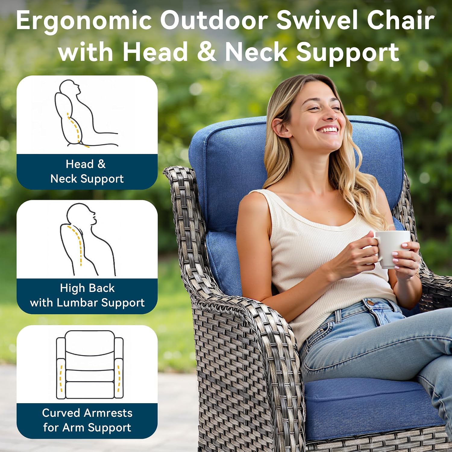 Luxury High Back Outdoor Swivel Rocker Patio Chairs with Side Table & 6-Inch Thick Cushions, 3 Pieces Patio Furniture Set for Porch, Balcony, Deck and Yard