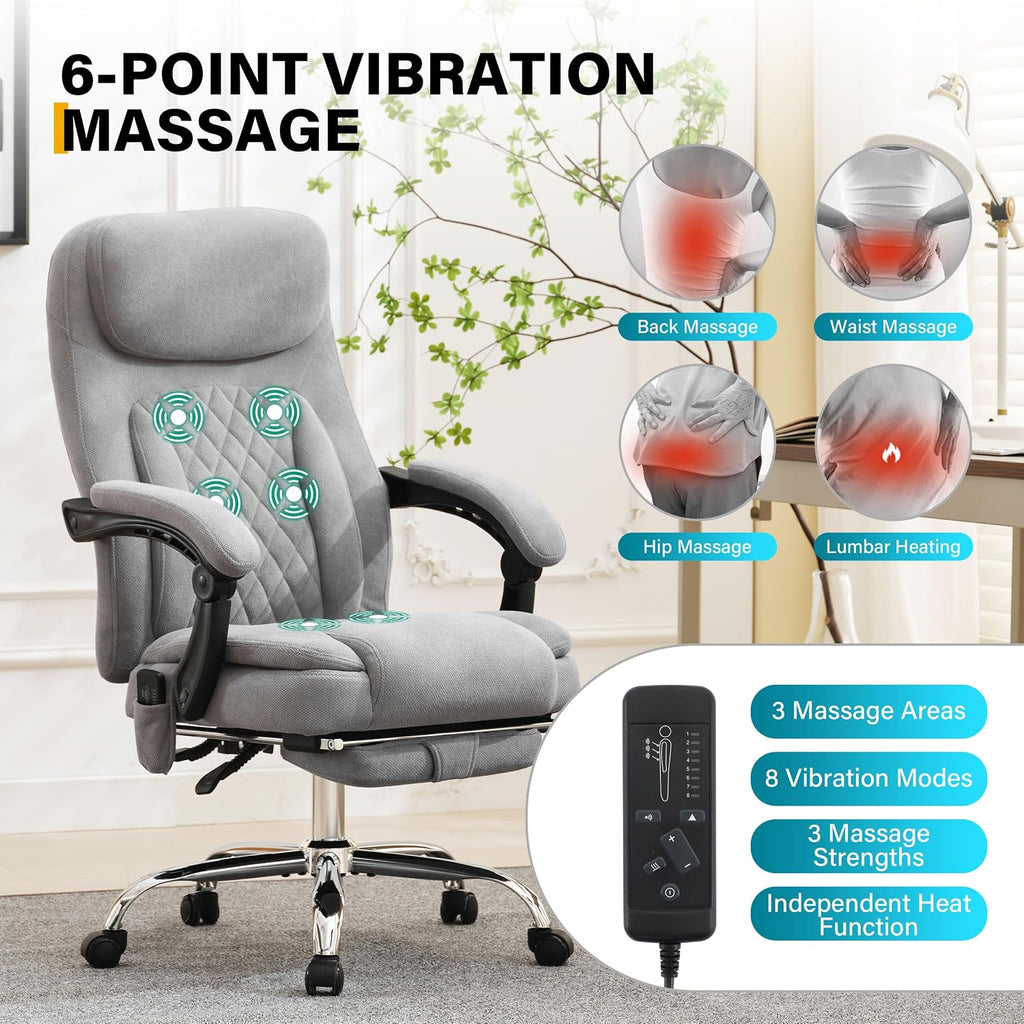 6-Point Massage Ergonomic Office Chair with Heated, Footrest & 45Reclining High Back, Big and Tall Executive Desk Chair 500LBS, Thick Cushion for Home Office, Grey