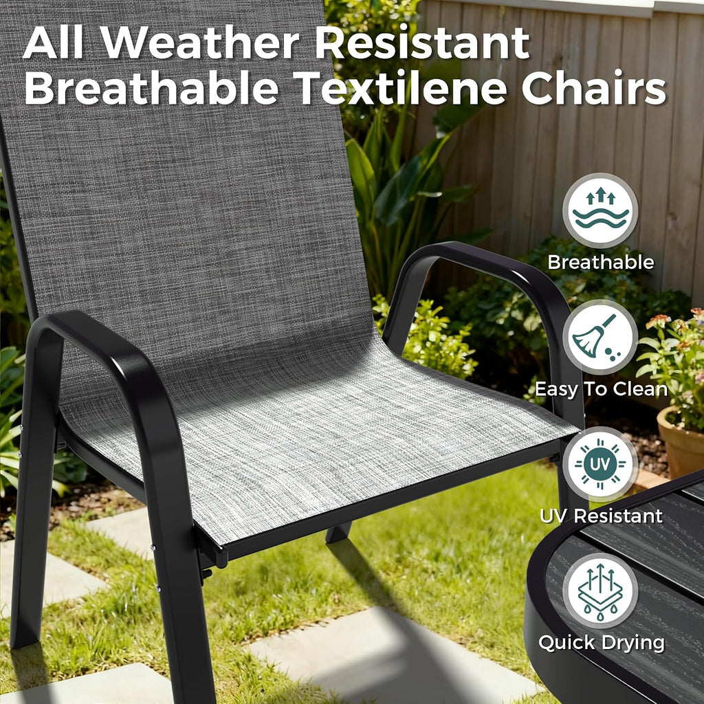 Pamapic Outdoor Dining Sets for 6, Rectangular Steel Slat Table with 6 Textilene Chairs, 7 Piece Patio Table and Chairs Set with Umbrella Hole for Patio, Garden, Backyard and Poolside (Grey)