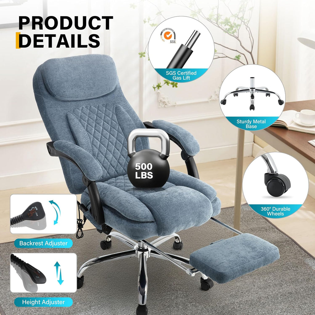 6-Point Massage Office Chair with Heated, Ergonomic Office Chair with Footrest & 45°Reclining High Back, Big and Tall Executive Office Chair 500LBS, Thick Cushion Desk Chair for Home Office, Blue