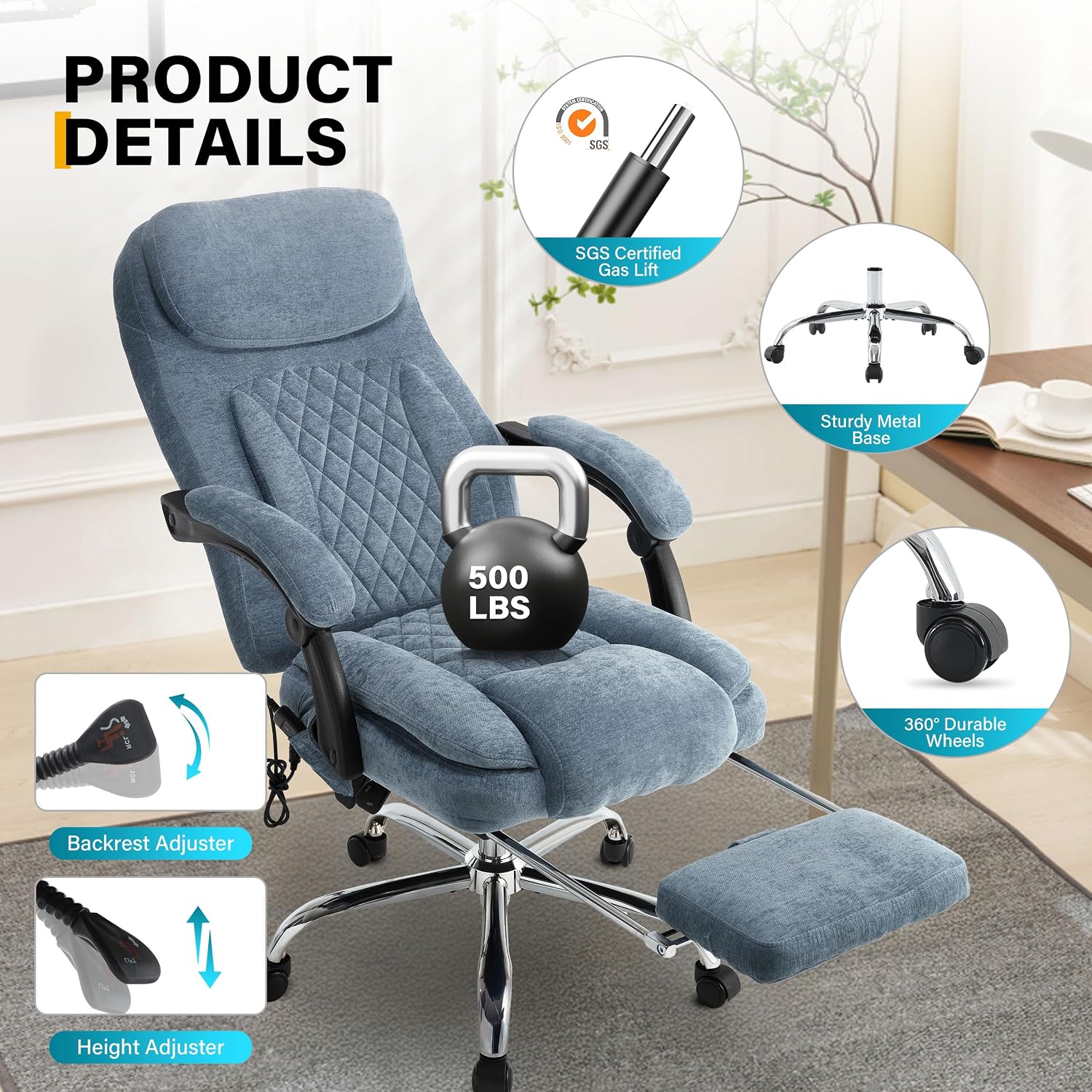 6-Point Massage Office Chair with Heated, Ergonomic Office Chair with Footrest & 45°Reclining High Back, Big and Tall Executive Office Chair 500LBS, Thick Cushion Desk Chair for Home Office, Blue