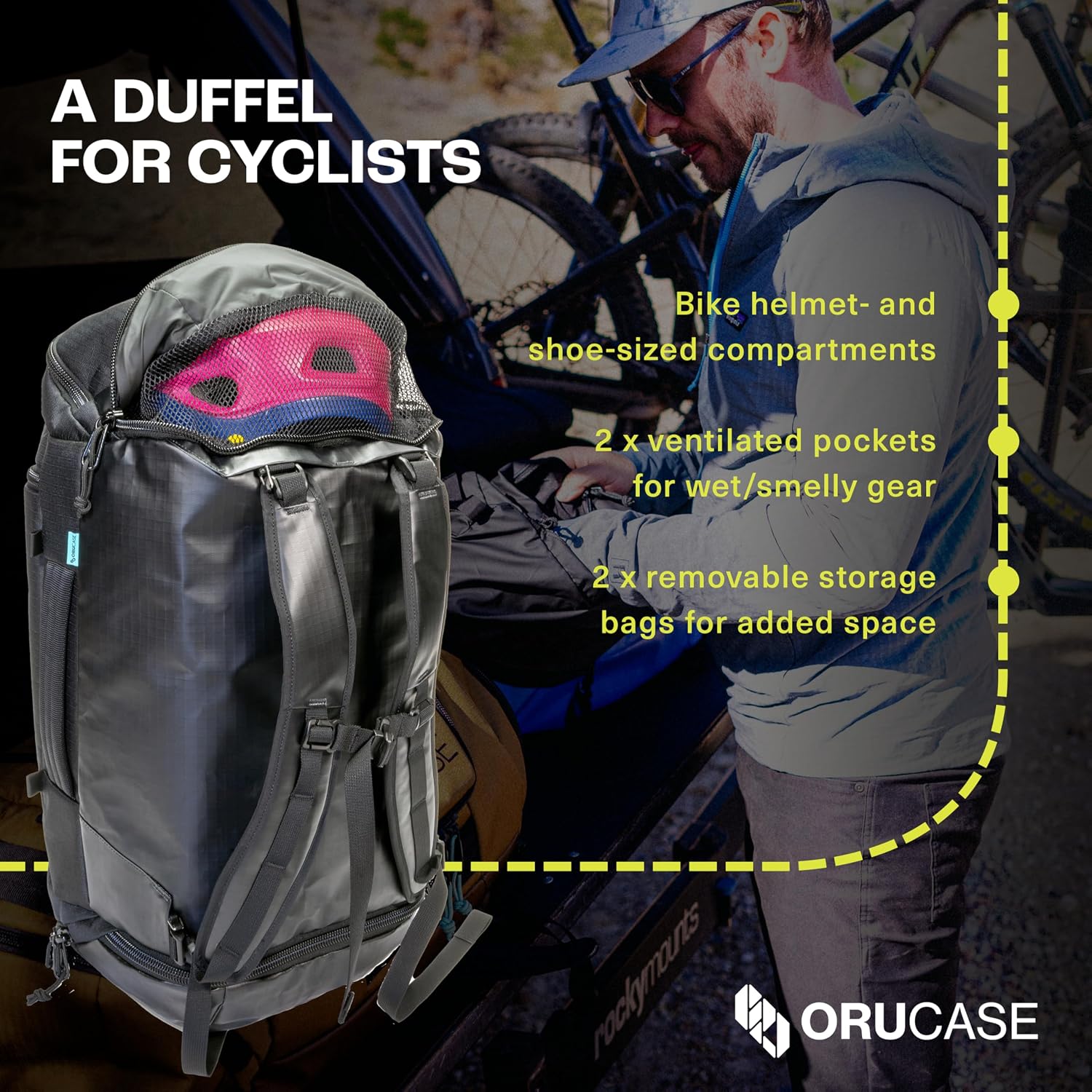 ORUCASE Janus Duffel Bag 55L – Multi-Sport Gear Duffel with Ventilated Shoe Pockets, Removable Stuff Sacks & Convertible Backpack Straps – Travel Gym Bag for Cycling, Running & Skiing - Black