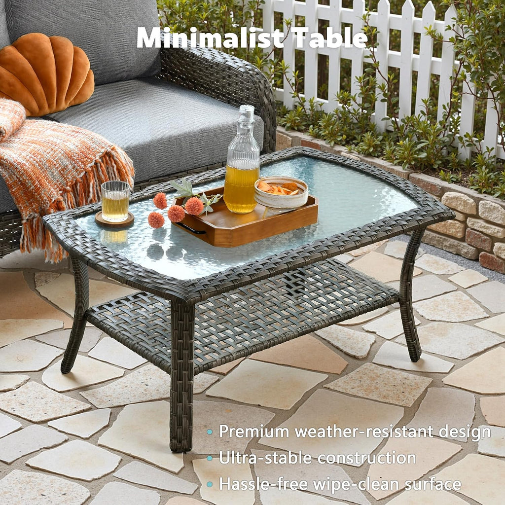 CAODOC 4-Piece Wicker Patio Furniture Set, All-Weather Rattan Conversation Bistro Loveseat Chair and Table Set for Backyard, Balcony and Deck with Soft Cushions and Metal Table(Dark Gray)