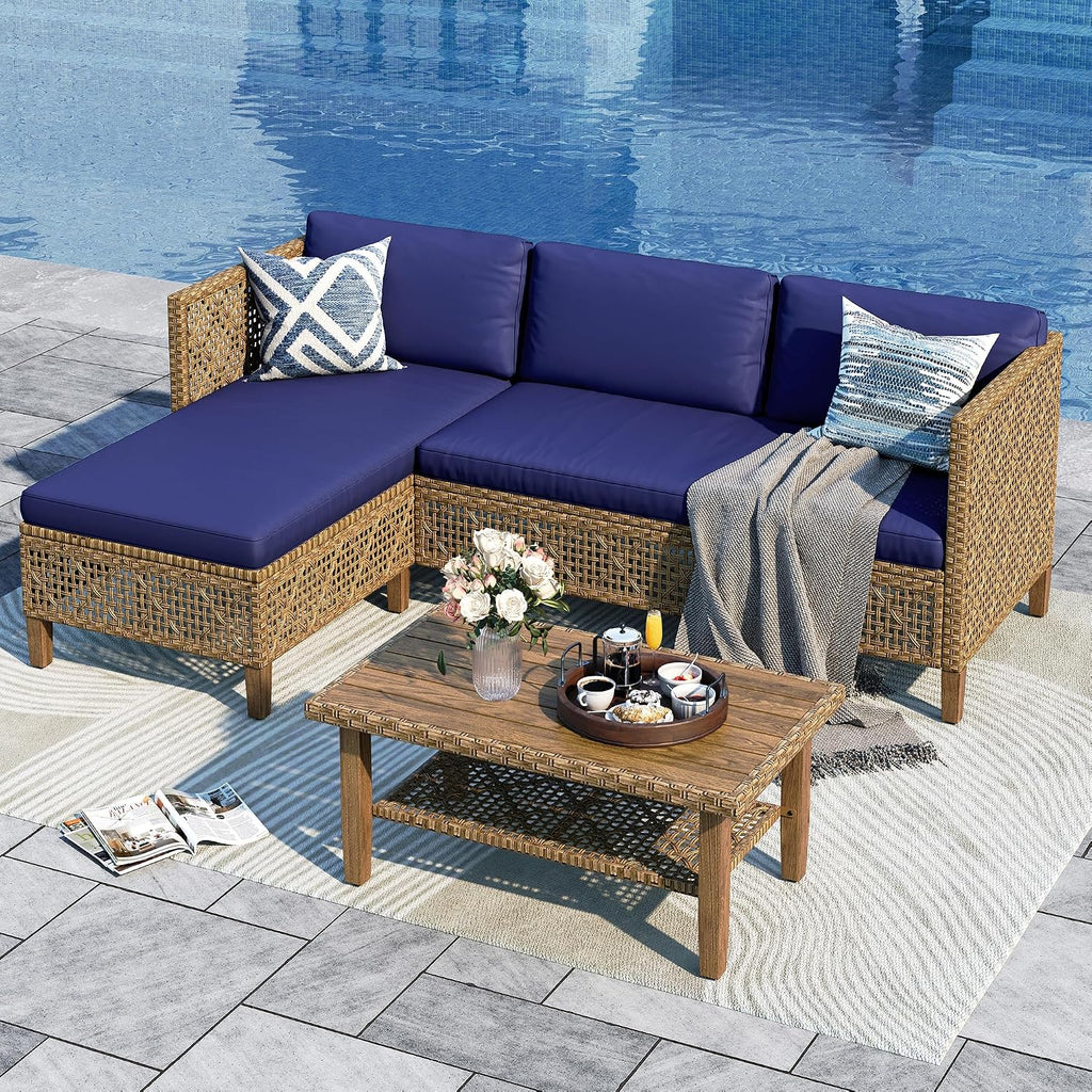 Sophia and William Boho Wicker Patio Furniture Set, Outdoor Rattan Sectional Sets Conversation Set - Weather-Resistant, with Dual Storage Coffee Table Acacia Wood Legs for Garden, Patio & Deck(Blue)