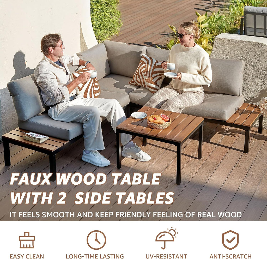 NATURAL EXPRESSIONS Patio Furniture Sets, Metal Outdoor Sectional L Shape Corner Sofa Outdoor Couch with Detachable Backrest,3 Fauxwood Tables,Black Frame,Shale Olefin Cushions for Yard,Garden