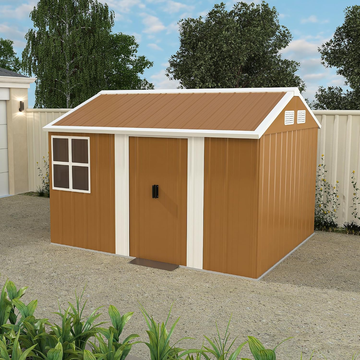 YOPTO 8X10 FT Metal Sheds & Outdoor Storage,Waterproof Large Backyard Shed House W/Windows and Sliding Door,Heavy-Duty Tool Organization with Sloped Roof & Vents,for Garden Pet House,Brown