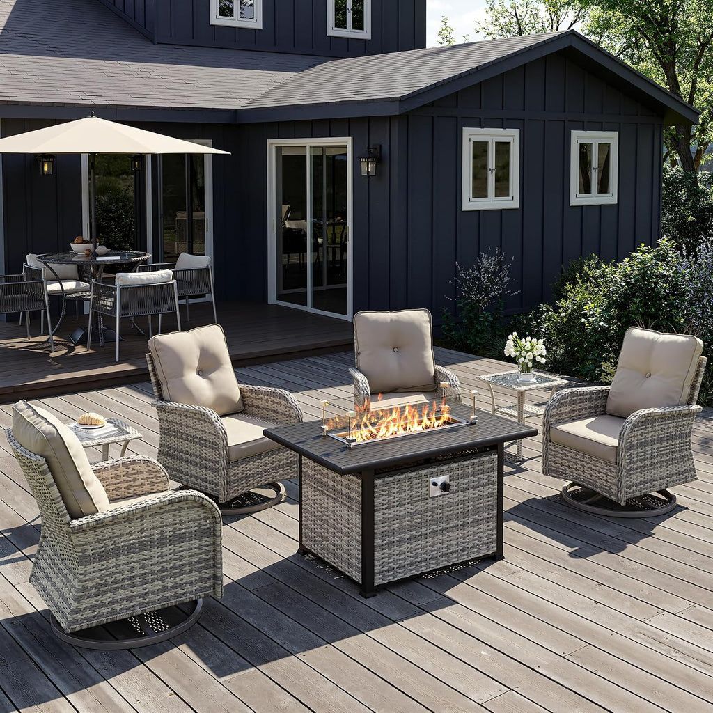 7Pcs Patio Rocking Swivel Chair with 55,000 BTU Fire Pit Table Outdoor Wicker Rattan Bistro Set with Tempered Glass Side Table, Outdoor Patio Furniture Set for Garden and Balcony, Beige