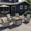 7Pcs Patio Rocking Swivel Chair with 55,000 BTU Fire Pit Table Outdoor Wicker Rattan Bistro Set with Tempered Glass Side Table, Outdoor Patio Furniture Set for Garden and Balcony, Beige
