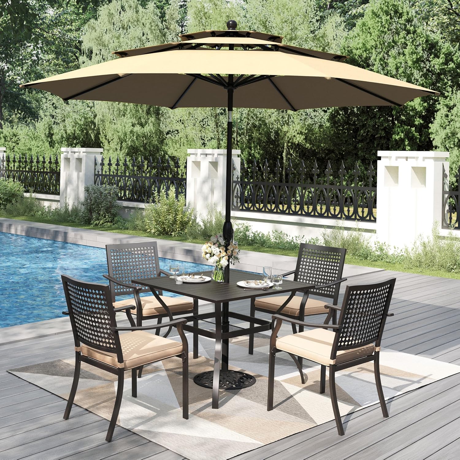PHI VILLA 5 Pieces Outdoor Dining Set for 4 with 10ft Umbrella, 37' Metal Square Table & Stackable Wrought Iron Chair with Cushions & Beige Umbrella, Modern Furniture Set for Patio, Deck, Yard, Porch