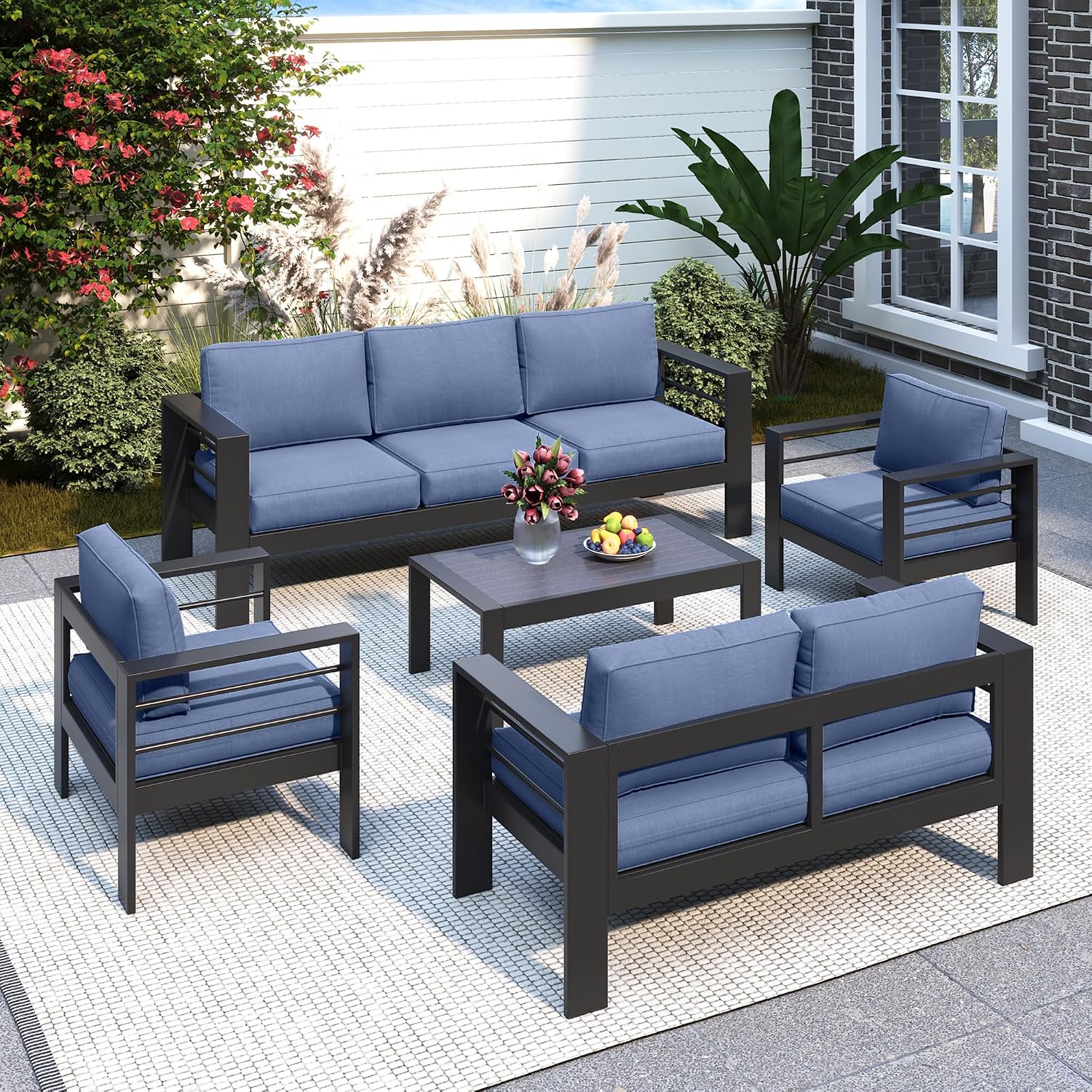 Solaste Aluminum Patio Furniture Set for All Weather, Modern Metal Outdoor Furniture Set with 27.5' Deep Seating and 3.2' Wide Armrest, Outdoor Patio Conversation Set with 10' Back Cushion, Blue