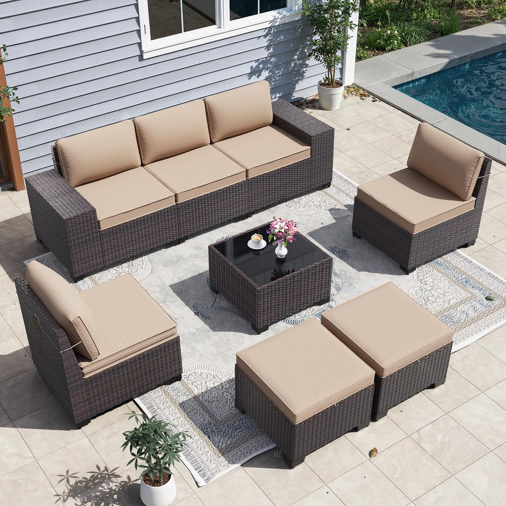 8 PCS Outdoor Patio Furniture Set,Outdoor Sectional Furniture All Weather PE Rattan Wicker Patio Conversation Set with 2 Ottomans and Coffee Table,Sand
