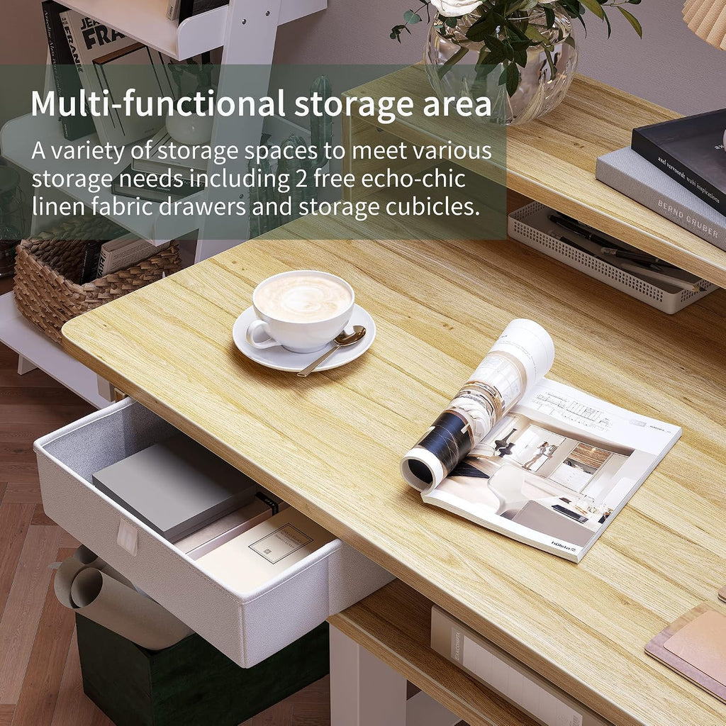 FEZIBO 63'x49' L Shaped Standing Desk with LED Strip & 2 Drawers, Upper and Lower Storage Shelves Available, Electric Height Adjustable, for Gaming, Office, Natural（2 Packages）