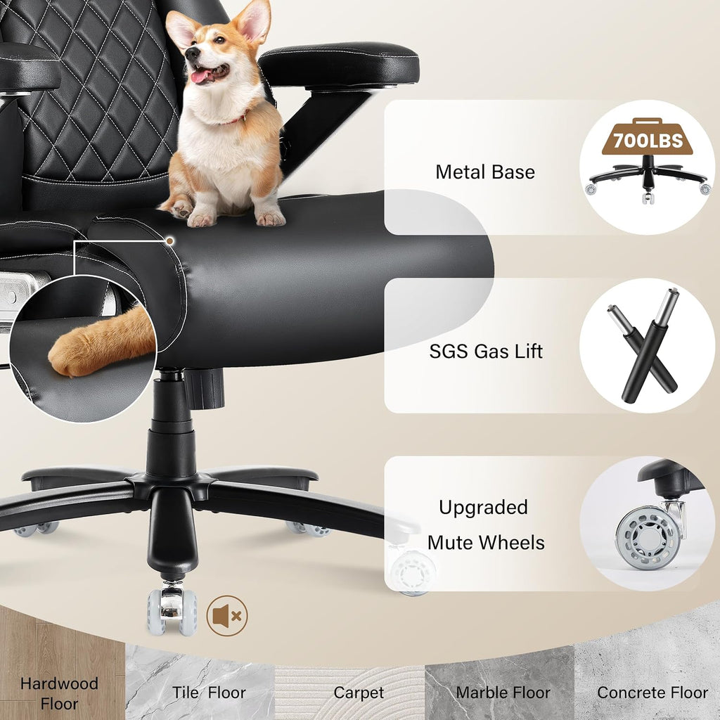 700lbs Big and Tall Office Chair-Adjustable Lumbar Support, Ergonomic PU Heavy Duty Executive Office Chair with 5D Flip Arms&Dual Rubber Wheel,Large Thick Padded Extra Wide Seat Game Chair,Black
