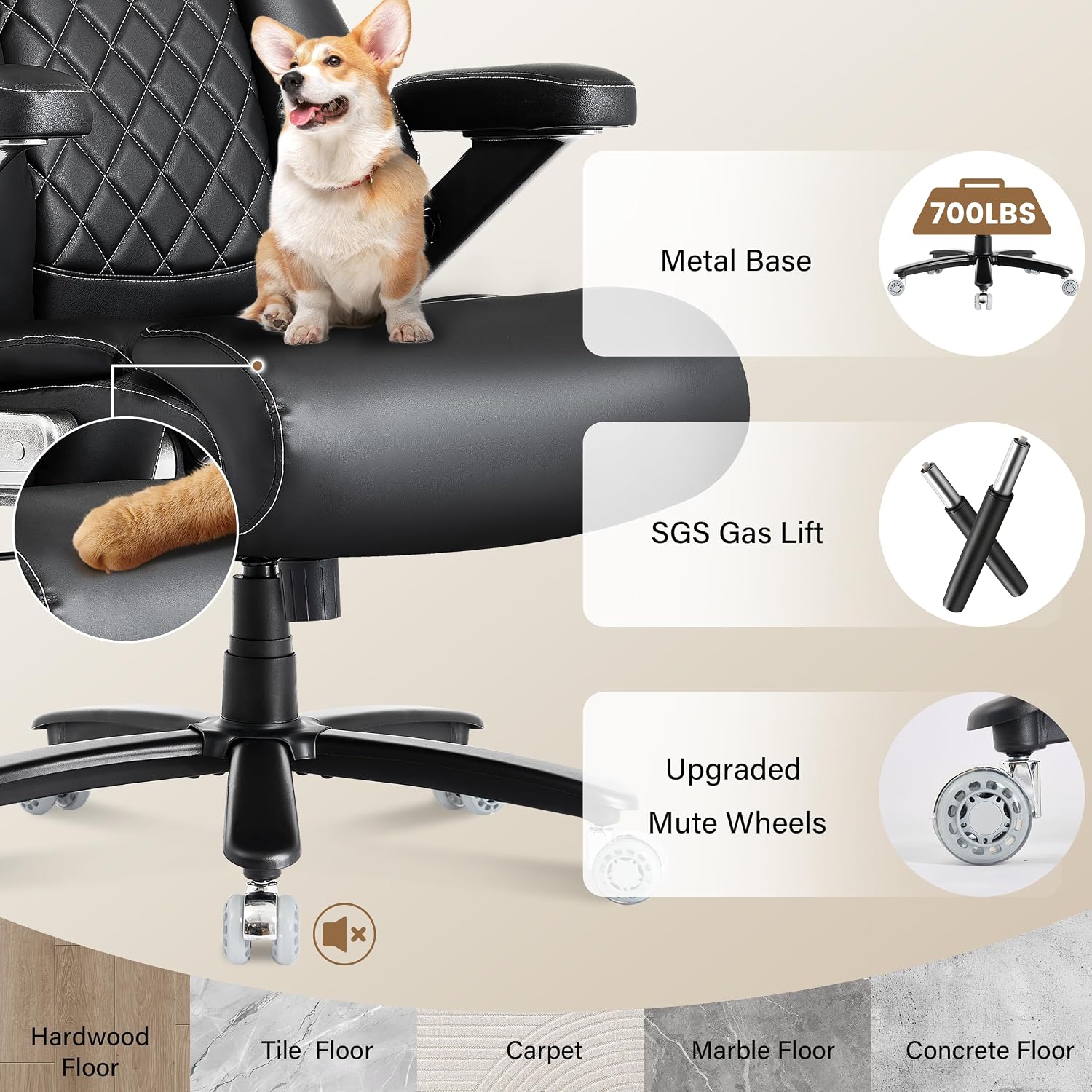 700lbs Big and Tall Office Chair-Adjustable Lumbar Support, Ergonomic PU Heavy Duty Executive Office Chair with 5D Flip Arms&Dual Rubber Wheel,Large Thick Padded Extra Wide Seat Game Chair,Black