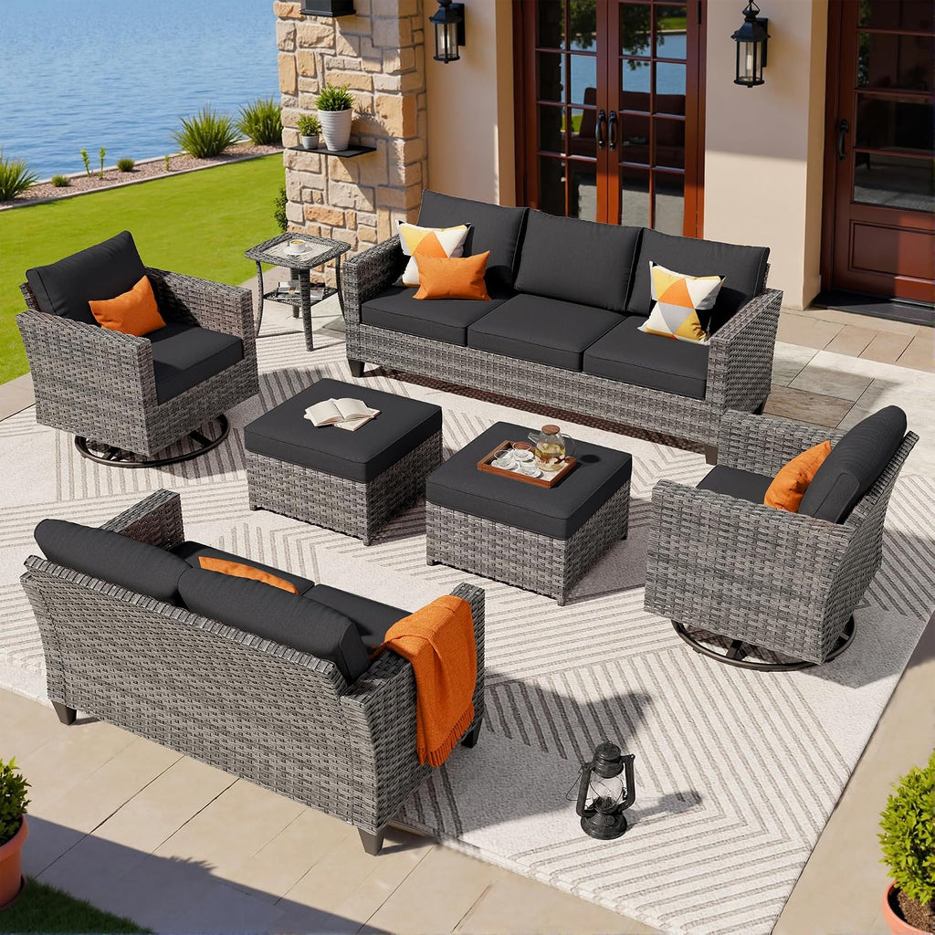 ovios 7 Pieces Patio Furniture Set, Outdoor Wicker Sofa Couch with Swivel Chairs, Rocking Glider Rocker with Comfy Cushions All Weather Rattan Conversation Set, Black